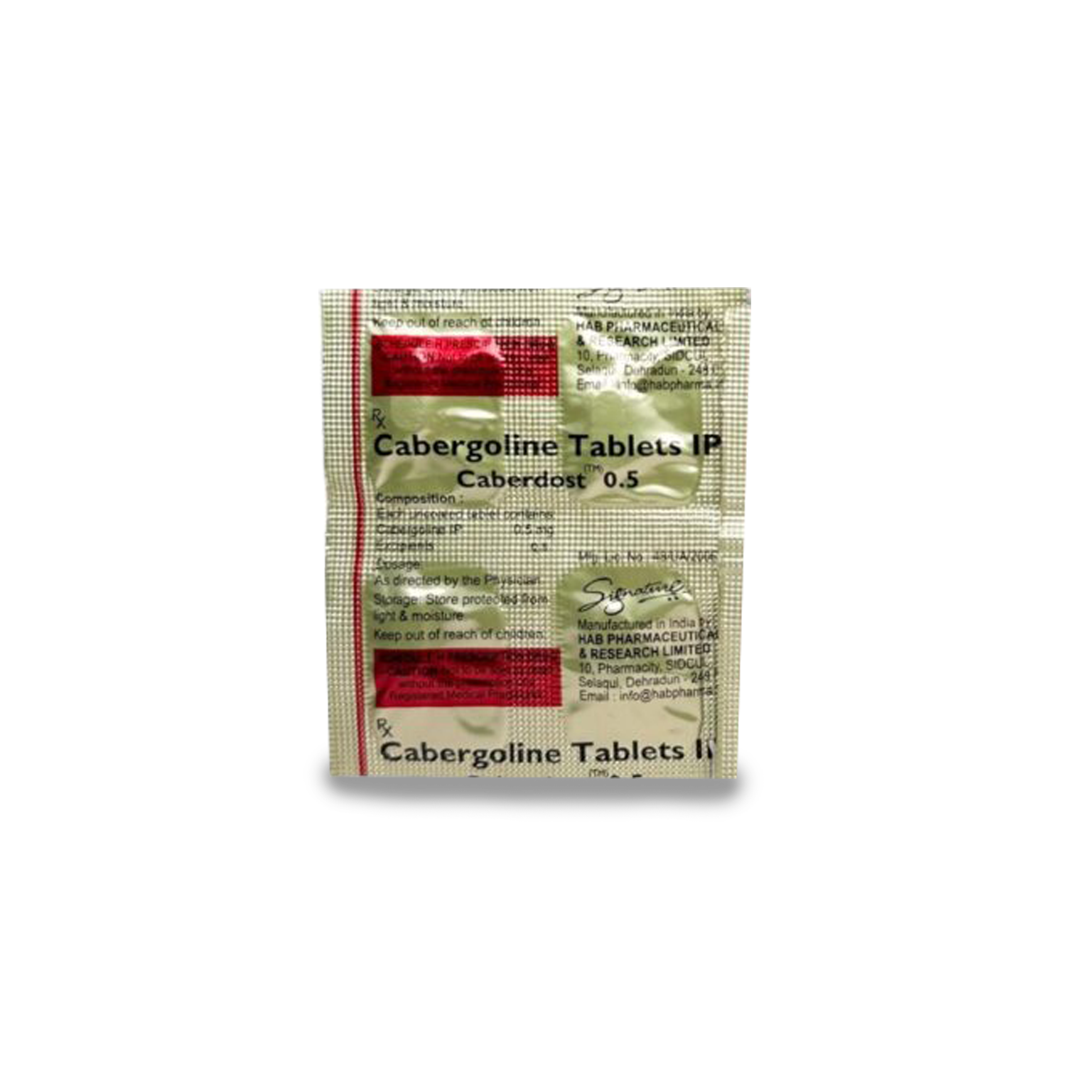 CABERGOLINE .5MG X 4 | INDIA PHARMACEUTICAL GRADE ( Certificate of analysis, second image)