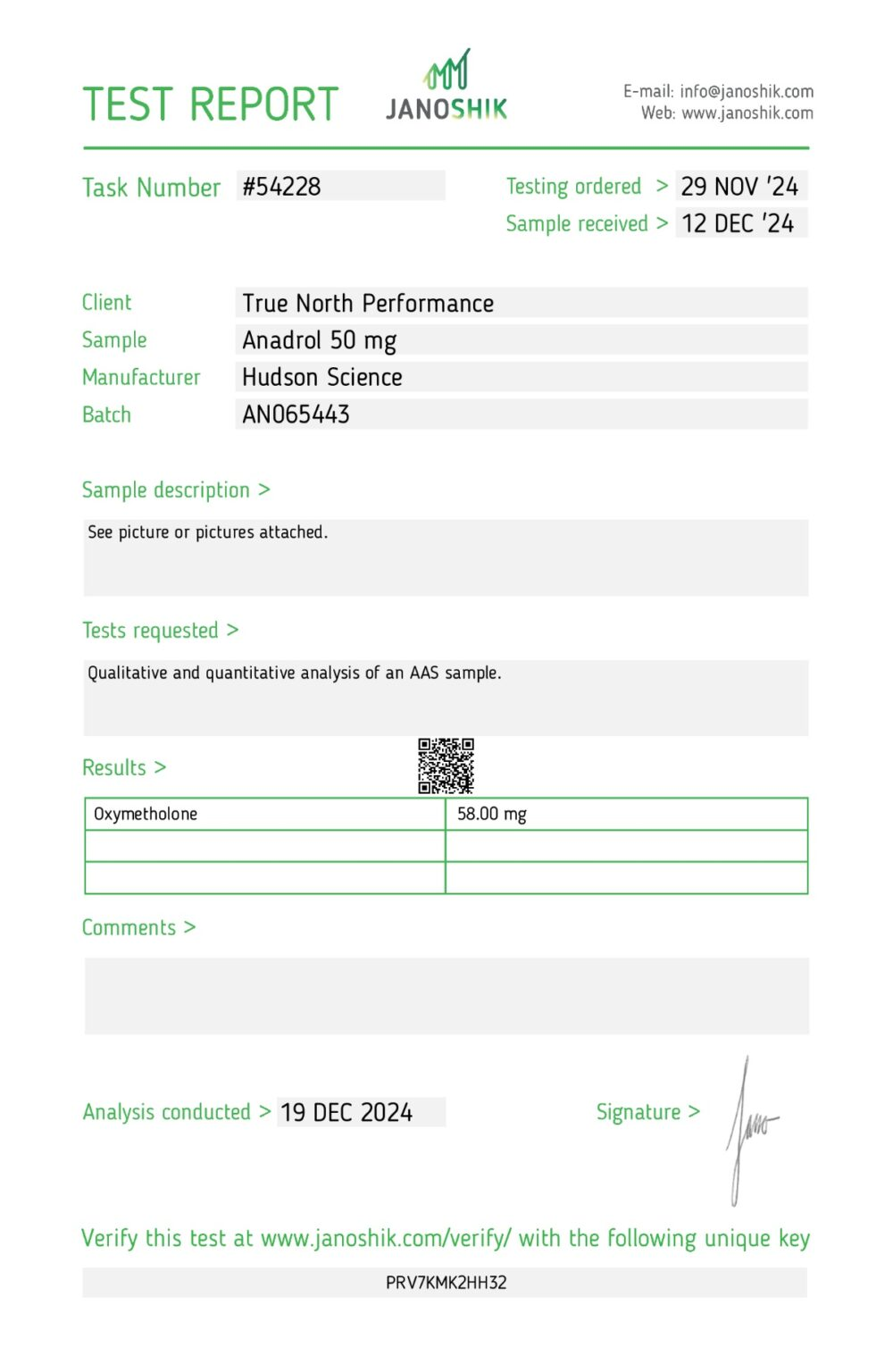 ANADROL 50MG X 50 | Hudson Science | Box with Blister Packaging (Certificate of Analysis, Second Image) - Image 2